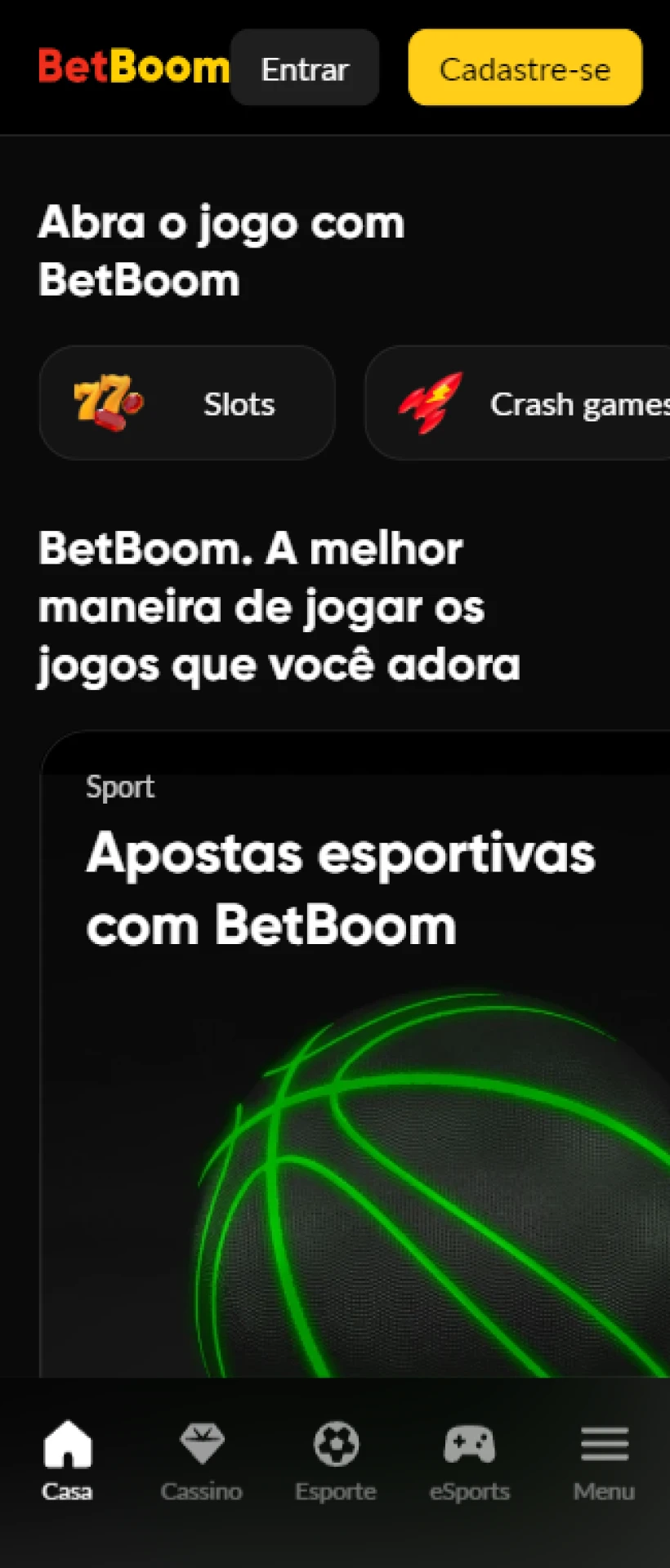 Visão geral da página principal do aplicativo Betboom.