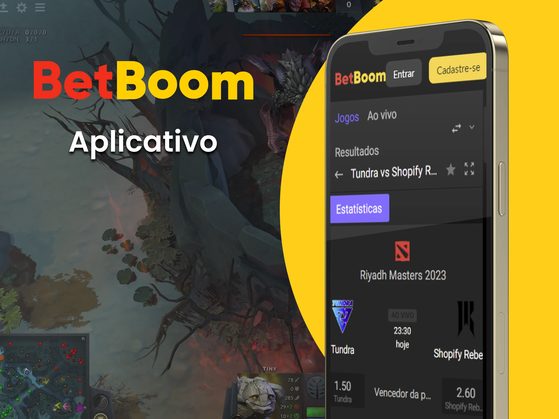 Use o aplicativo BetBoom no seu telefone para apostar no Dota 2.