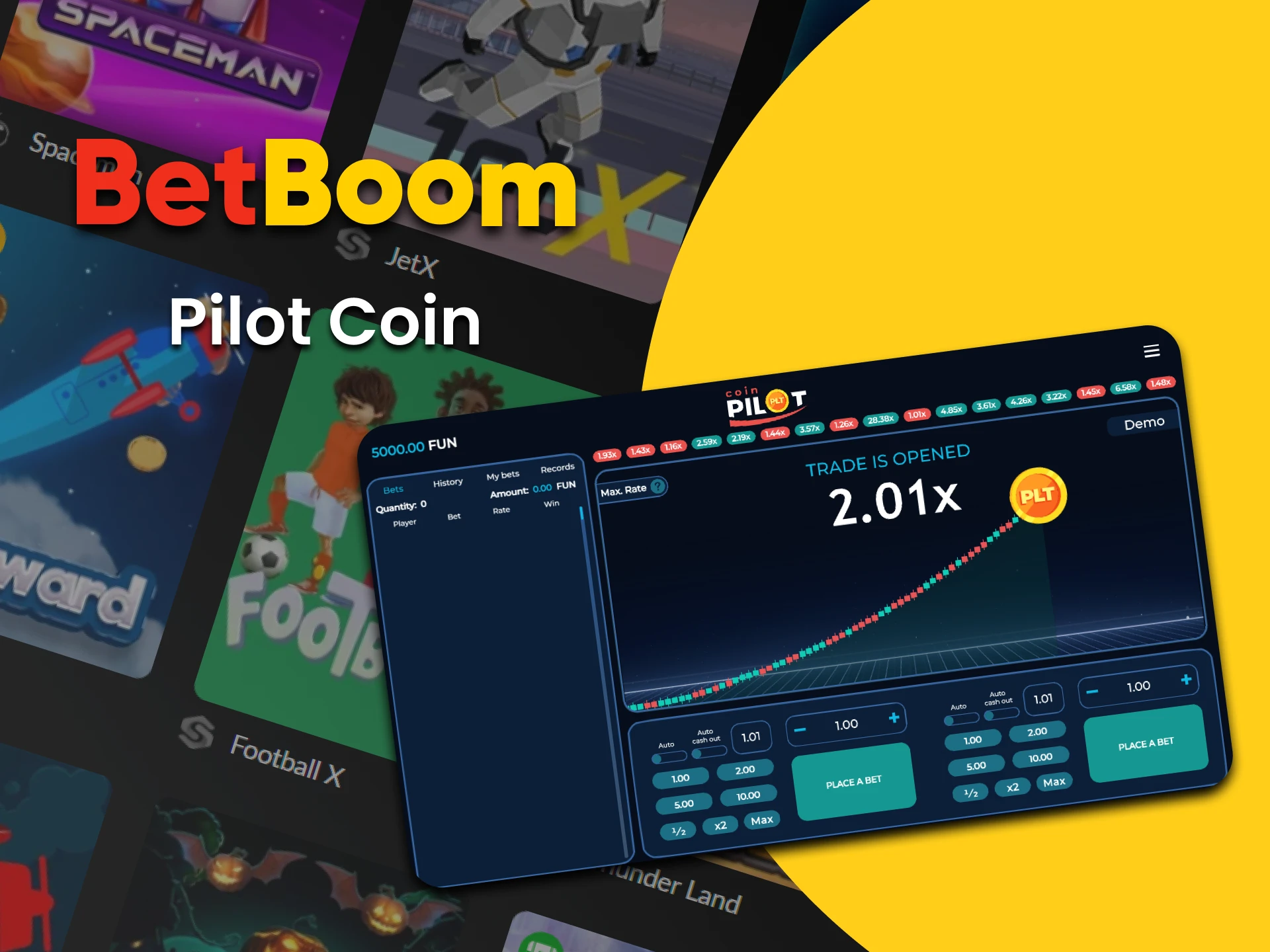 Para jogar na seção Crash do BetBoom, escolha Pilot Coin.