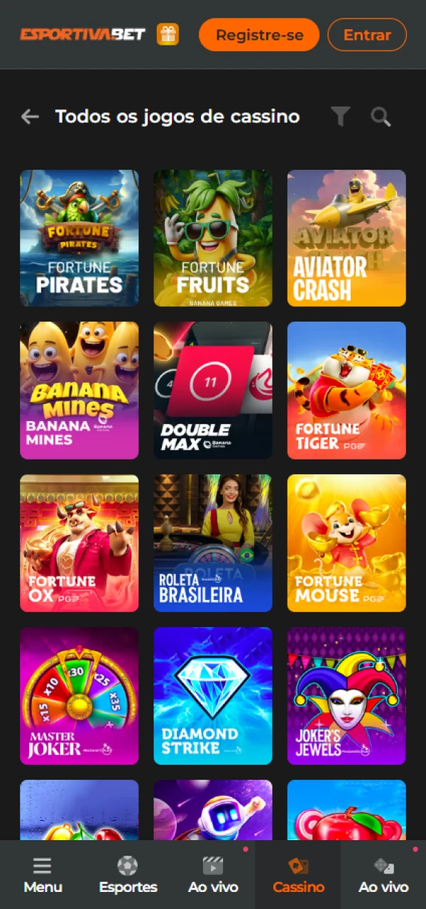 Jogar jogos de casino através da aplicação EsportivaBet para Android ou iOS.