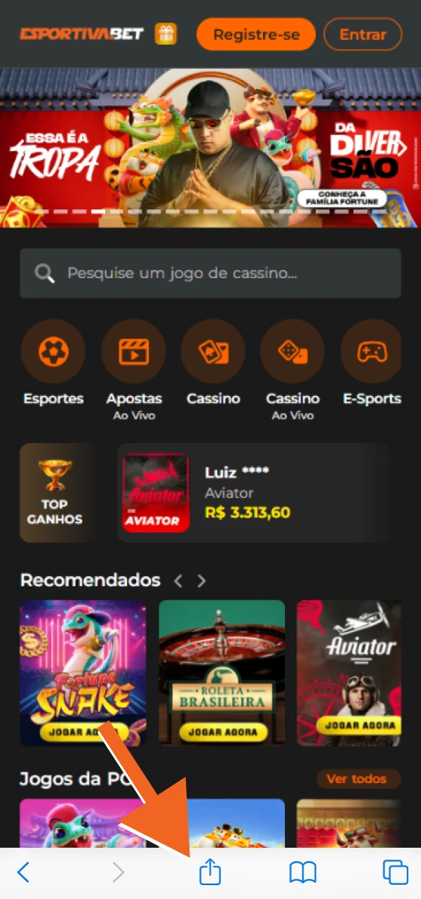 Clique em Partilhar para abrir o menu do navegador e adicionar o atalho EsportivaBet.