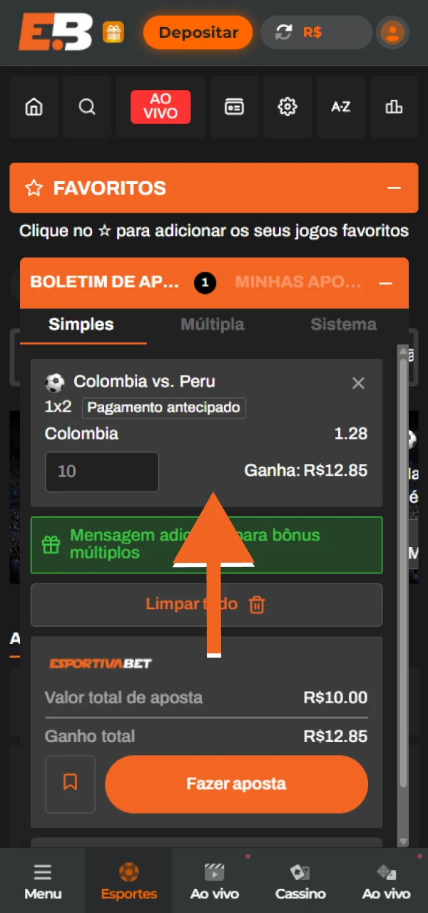 Selecione o tipo de aposta de futebol na EsportivaBet.