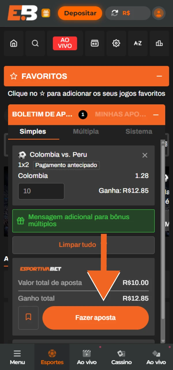 Faça uma aposta num jogo de futebol selecionado na EsportivaBet.