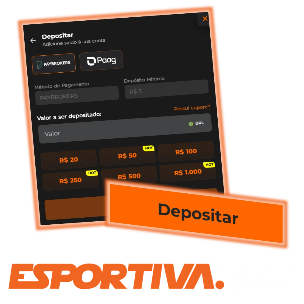 Verifique os métodos de depósito e levantamento disponíveis na EsportivaBet.