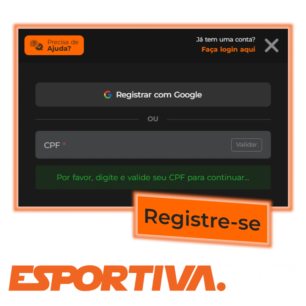 Escolha um método de registo para criar uma conta EsportivaBet.