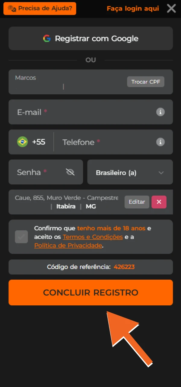 Concluir o registo no EsportivaBet concordando com os termos e condições.