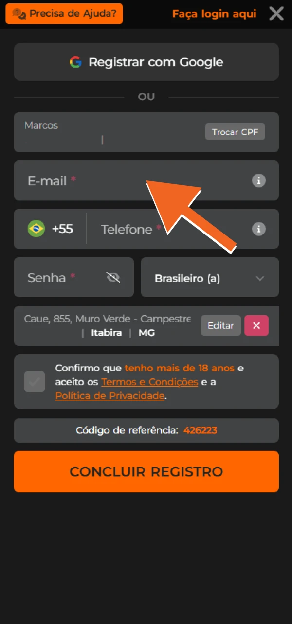 Introduza o seu email e password no formulário de registo do EsportivaBet.