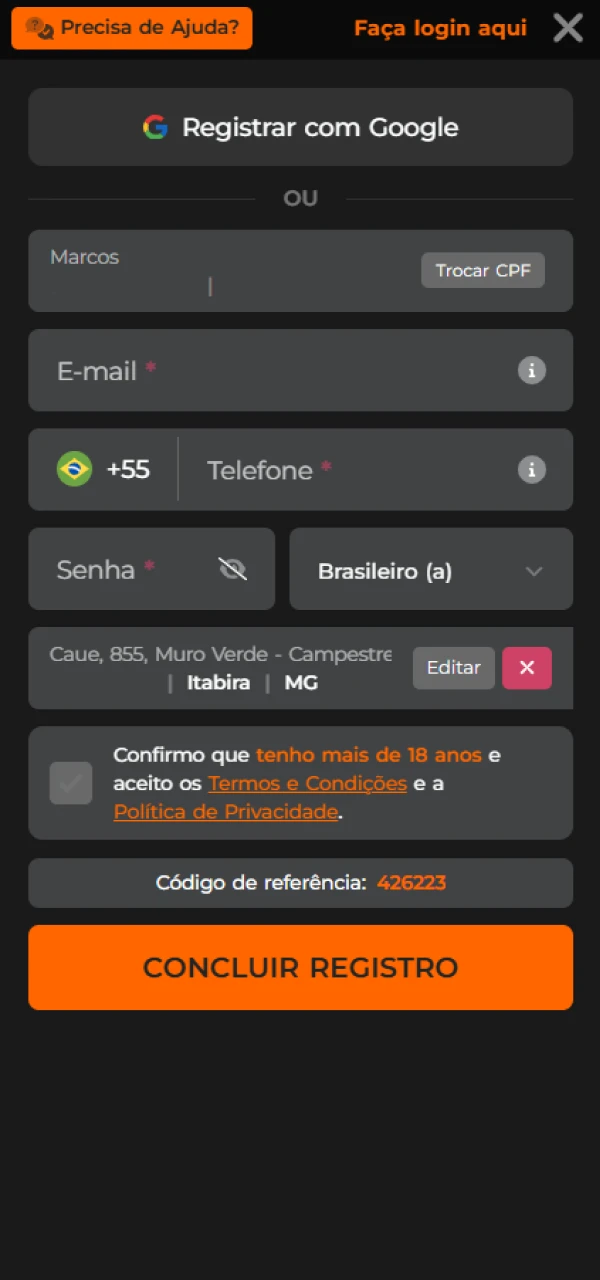 Introduza os seus dados no formulário de registo na plataforma EsportivaBet.