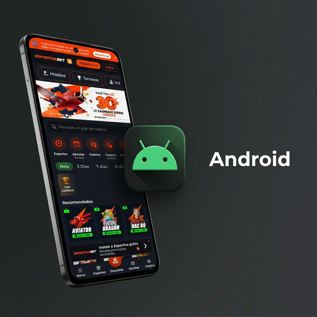 Smartphone Android com tela de instalação do app Esportiva Bet e ícone APK em destaque